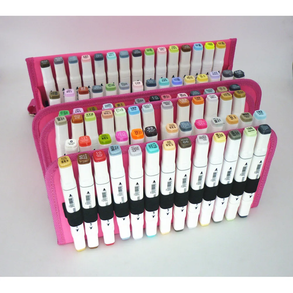 Premium 80 Slot Marker Pen Case Nylon Shoulder Strap Elastic Ring Table Easel Countertop T-Tag Cabinet Connector Rosy