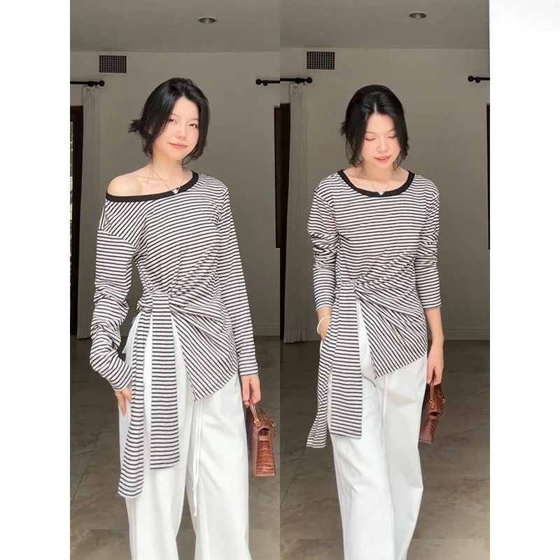 

Женский хлопковый комплект Co99: футболка с длинным рукавом в полоску, брюки прямого кроя, повседневный летний модный комплект, футболка и пальто до колен