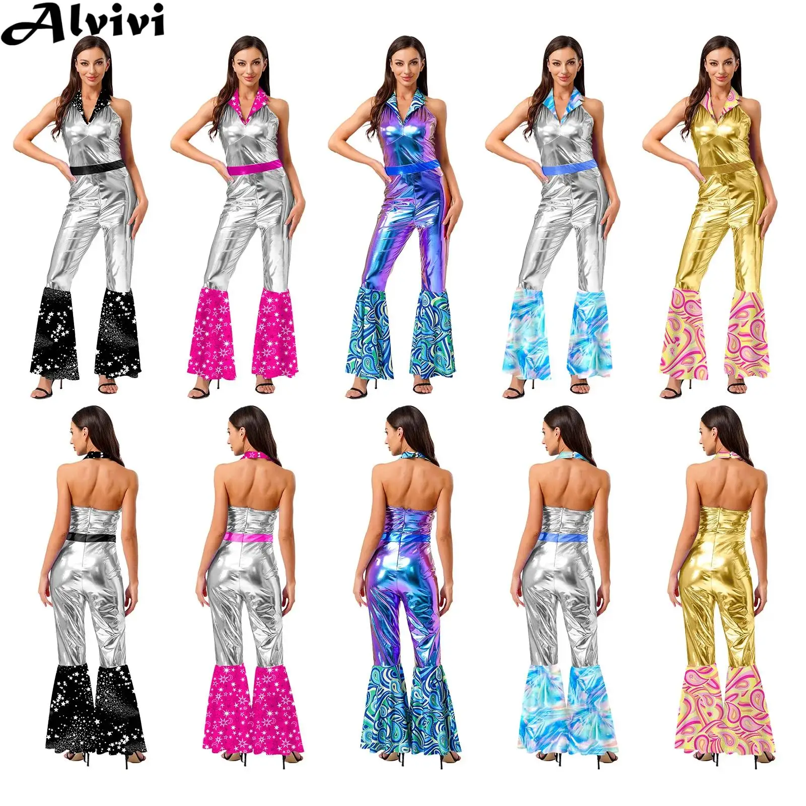 Women Halter Printed Metallic Shiny Retro 70s Disco Dance Flared Jumpsuit Halloween Theme Party Carnival Hippie Cosplay Costume