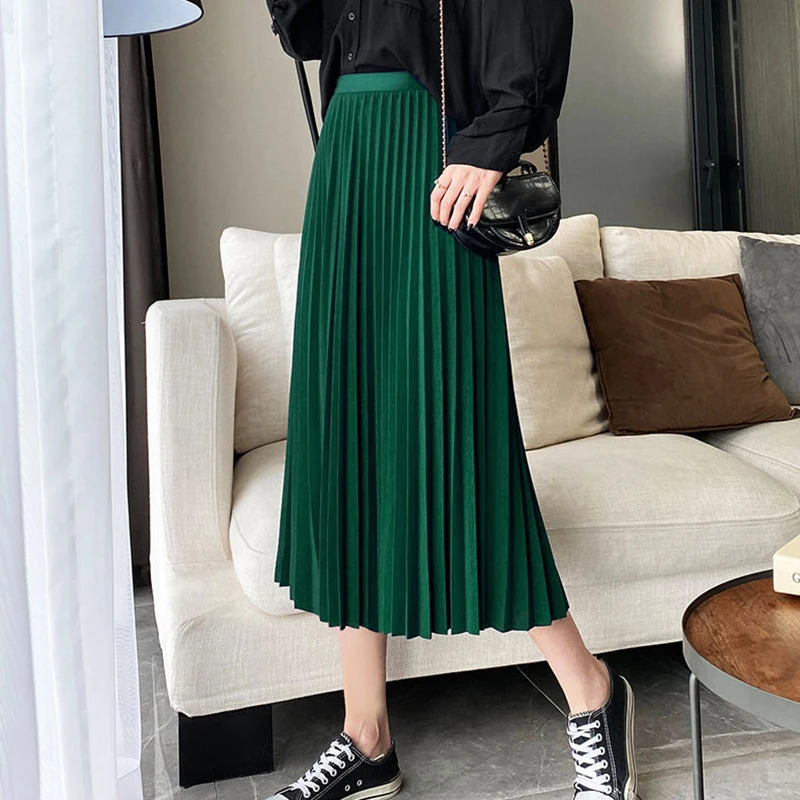 Elegant Satin Long Pleated Skirt Woman Spring Summer Elastic Waist A Line Skirts for Women Office Wild Green Midi Skirt