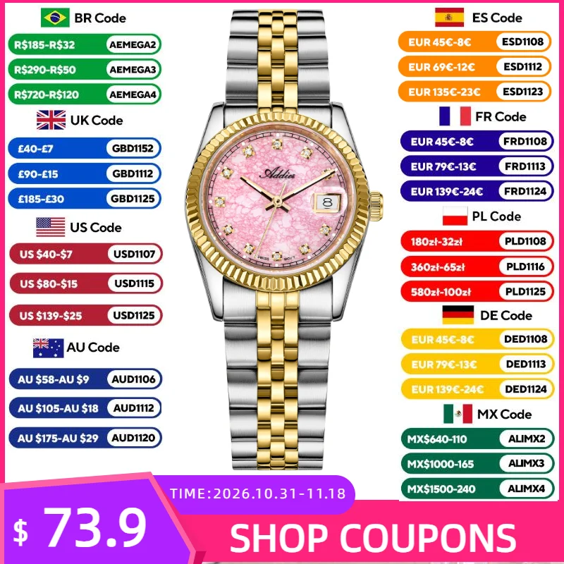 ADDIES Luxury Women Watches 50m Waterproof Sport 316L Stainless Steel Ladies Wristwatch Sapphire Luminous 28mm Quartz Watch Gift