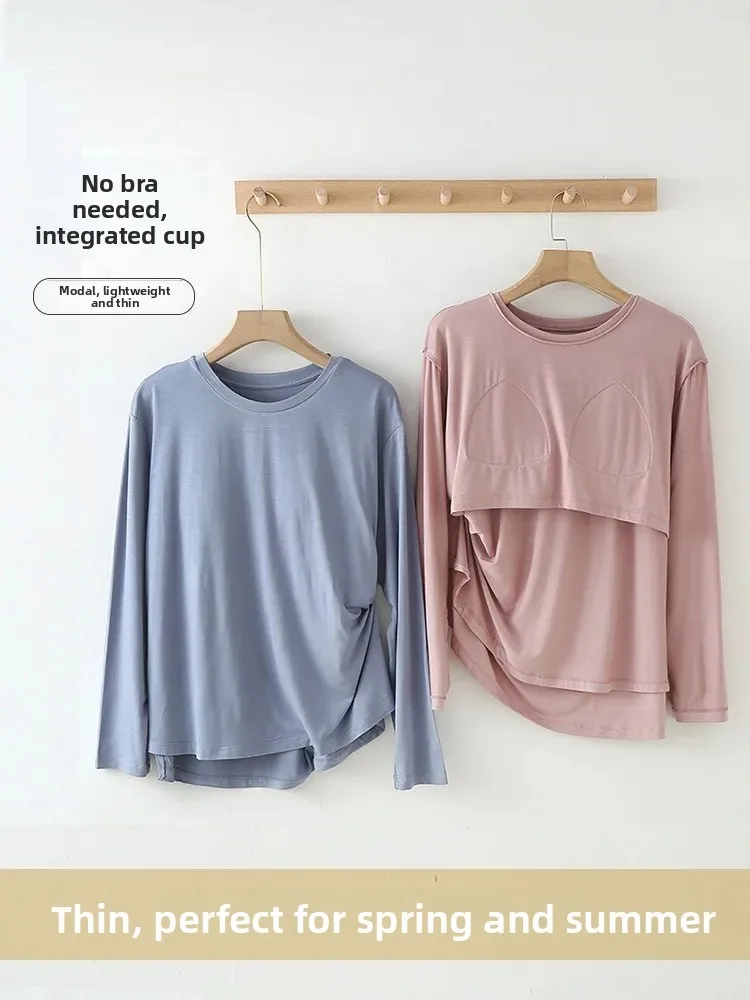 Women's Modal Sleepwear with Chest Pad Thin Long Sleeve Home Clothes T-shirt Spring Autumn Season Simple Style round Neck