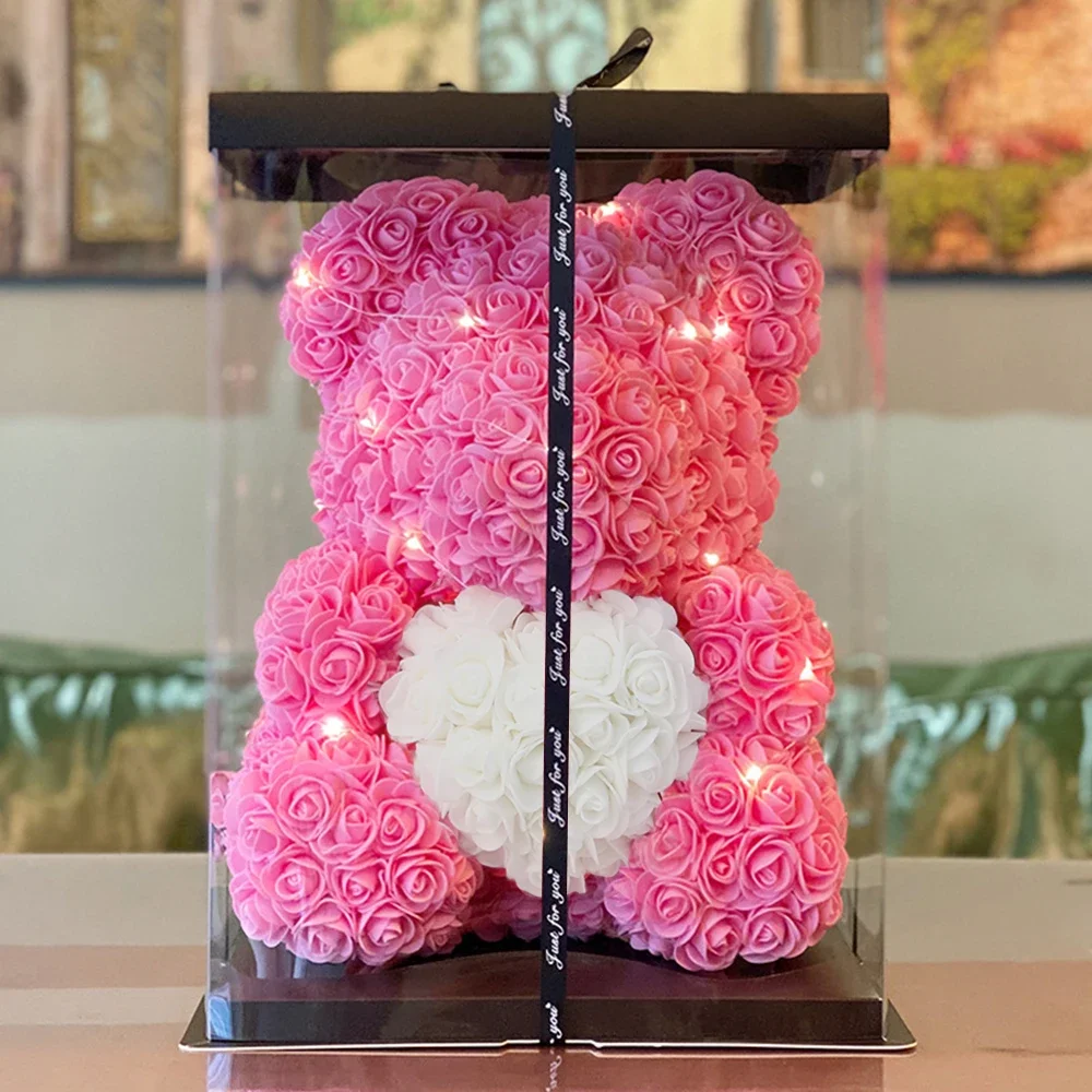 25cm LED Teddy Rose Bear Valentines Day Gift Artificial Flowers For Women Girlfriend Wife Present Wedding Birthday Gift With Box