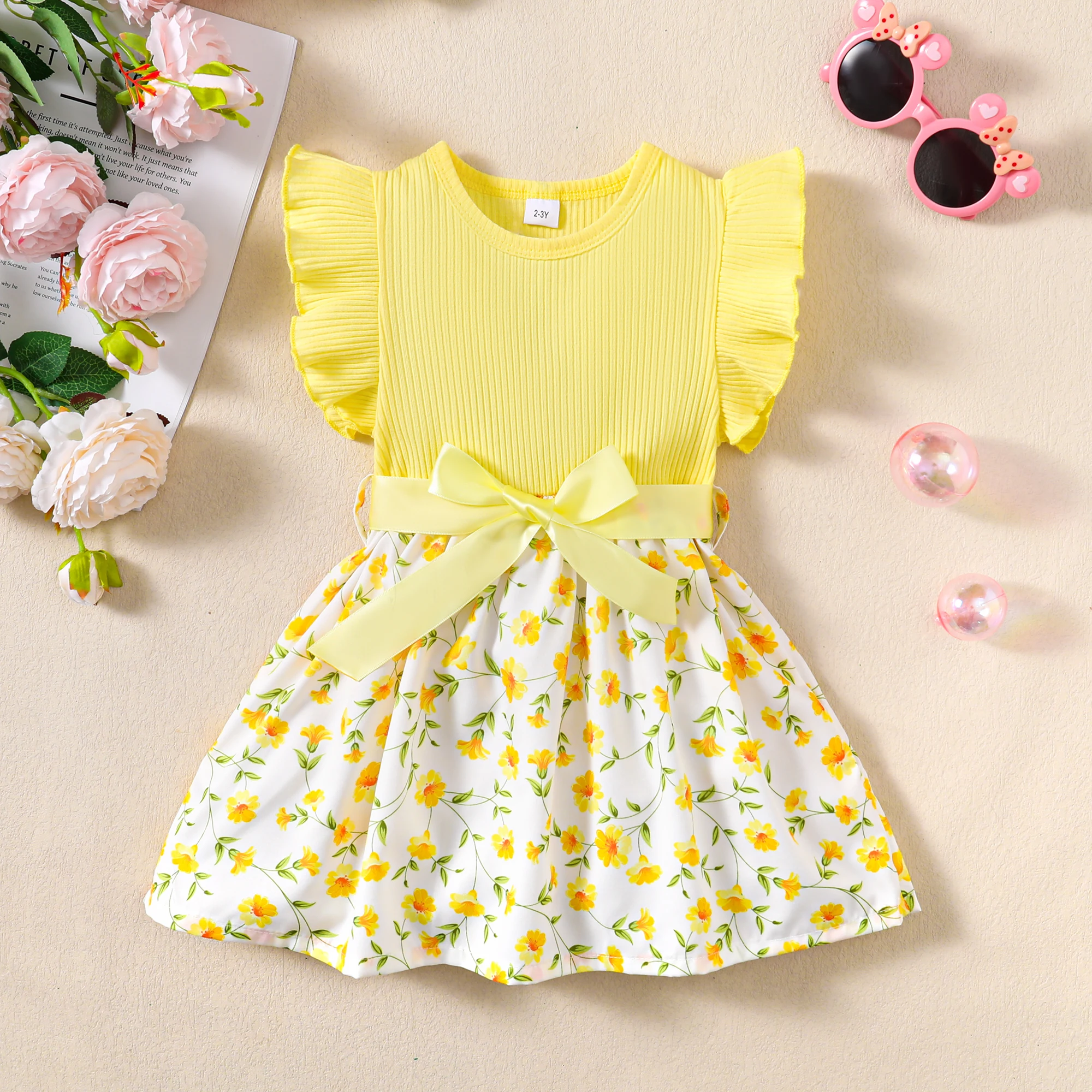 Summer New Yellow Oil Painting Style Baby Girl Temperament Dress Round Neck Flying Sleeve Breathable Flower Print Princess Dress