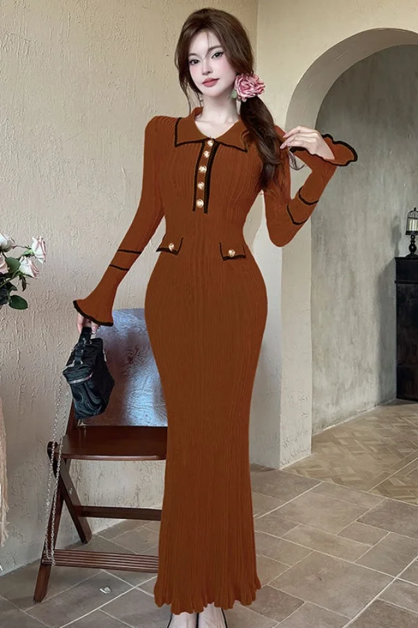 

French Style Waist-Fitted Long Dress Women's Gold Line V-Neck Gold Button Single-Breasted Knit Lotus Leaf Sleeves CQ251