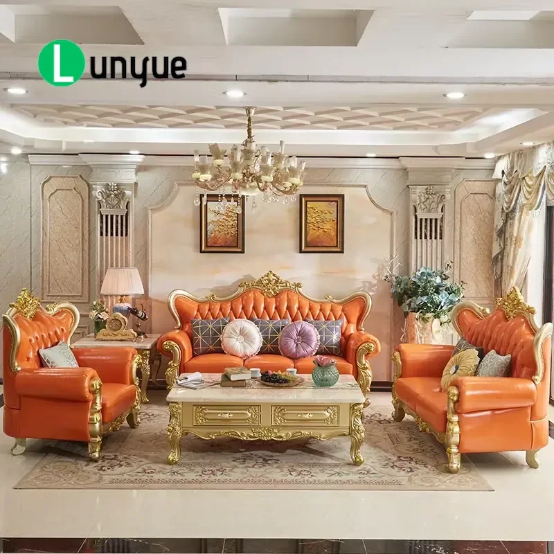 European Luxury Leather Sofa Set First Layer Cowhide Solid Wood Frame Champagne Gold Accent Large Living Room Furniture for