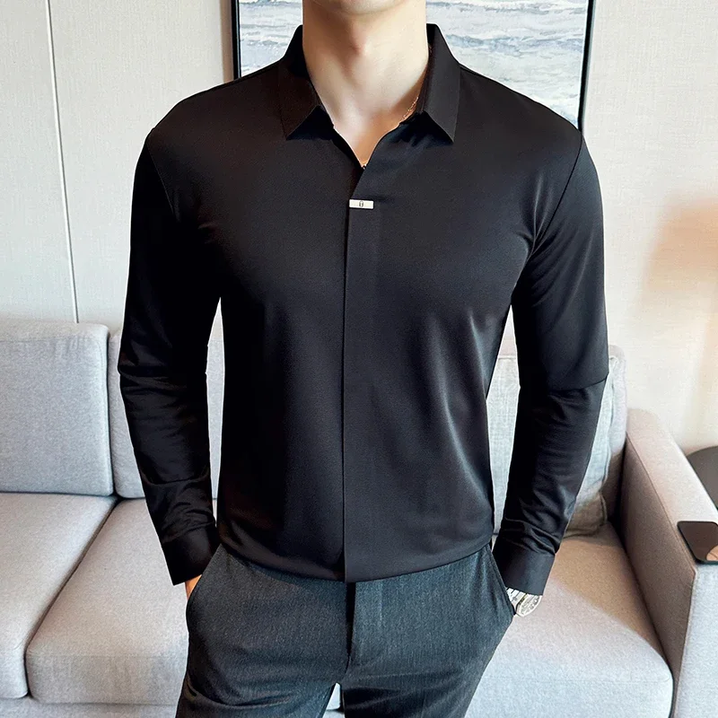 High Elasticity Men Polo Shirt 2025 British Style Autumn Thin Solid Casual Elastic Slim Fit Long Sleeves T-shirt Men Clothing