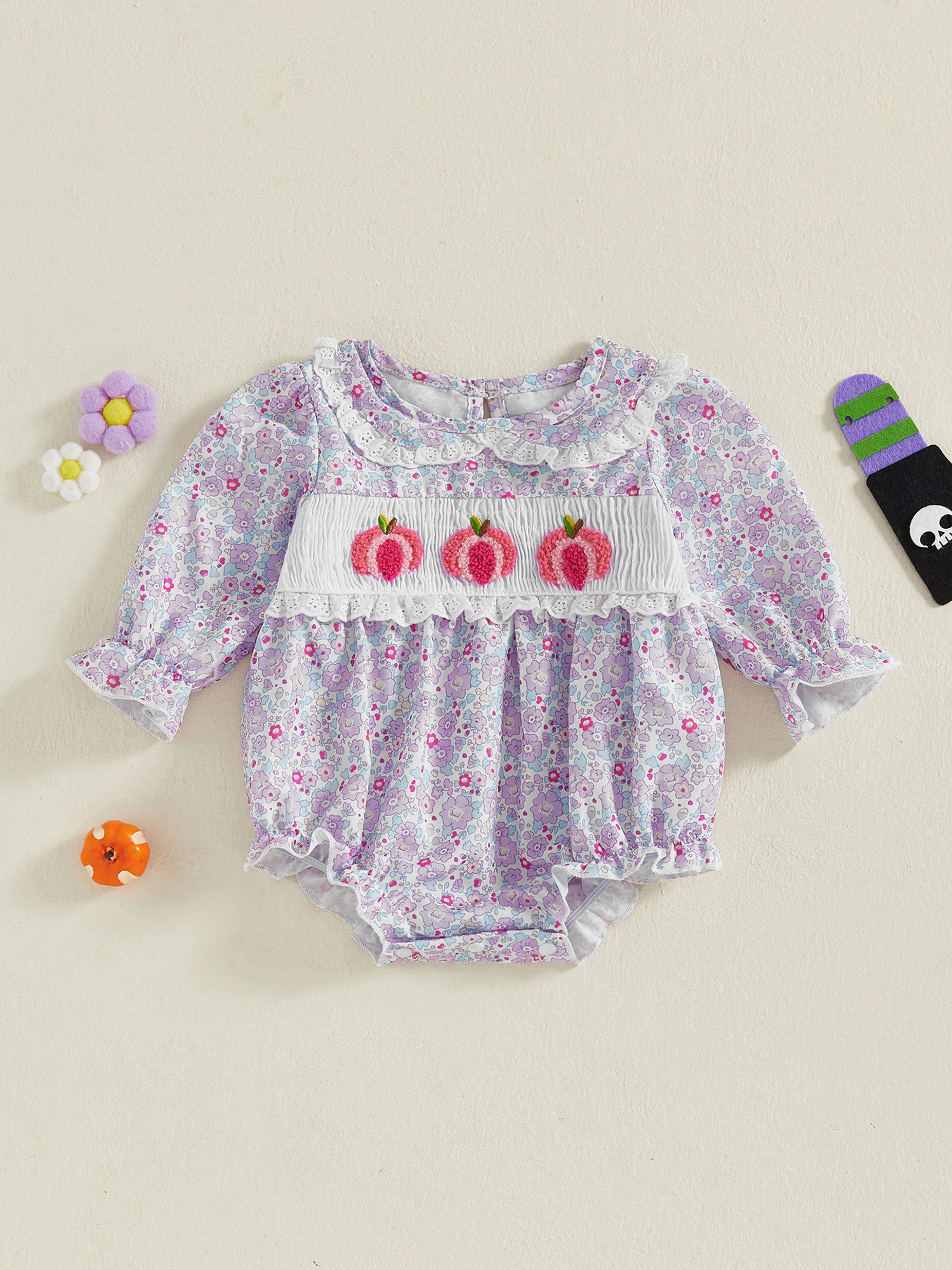 

Костюм на Хэллоуин для малышей, лоскутный комбинезон с рюшами и рукавами тыквы, осенний наряд для маленьких девочек, боди с кружевной отделкой, милая осенняя одежда