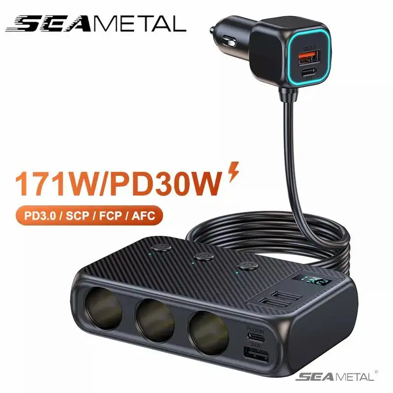 SEAMETAL Auto-USB-Ladegerät, 9-in-1, 171 W, schnelles Aufladen, Telefon-Ladegerät, Zigarettenanzünder-Adapter mit PD 30 W/QC 3.0, 6 USB-Anschlüssen