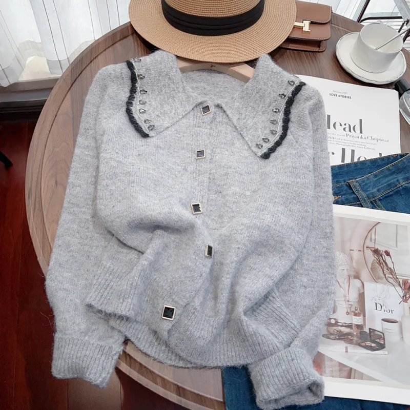 2024 Grey Grey Cardigan Women Clothing Knitting Sweater Korean Y2k Jacket Cashmere Coat Female Sweater Winter Doll Collar Tops