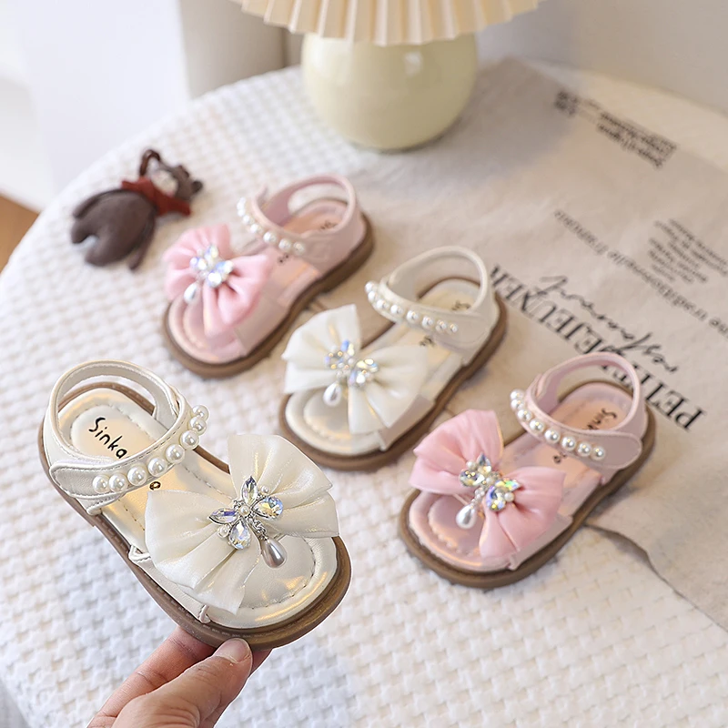 Kid's Shoes Girls' 2026 Pearl Bow Open-Toed Sandals Elegant Princess Beach Shoes Fashionable Children's Shoes Size 21-30