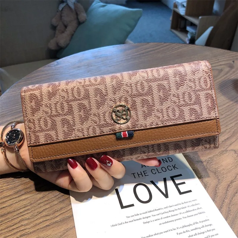 Women's genuine leather wallet with logo brand design 2024 new letter printed long wallet cowhide handbag folding