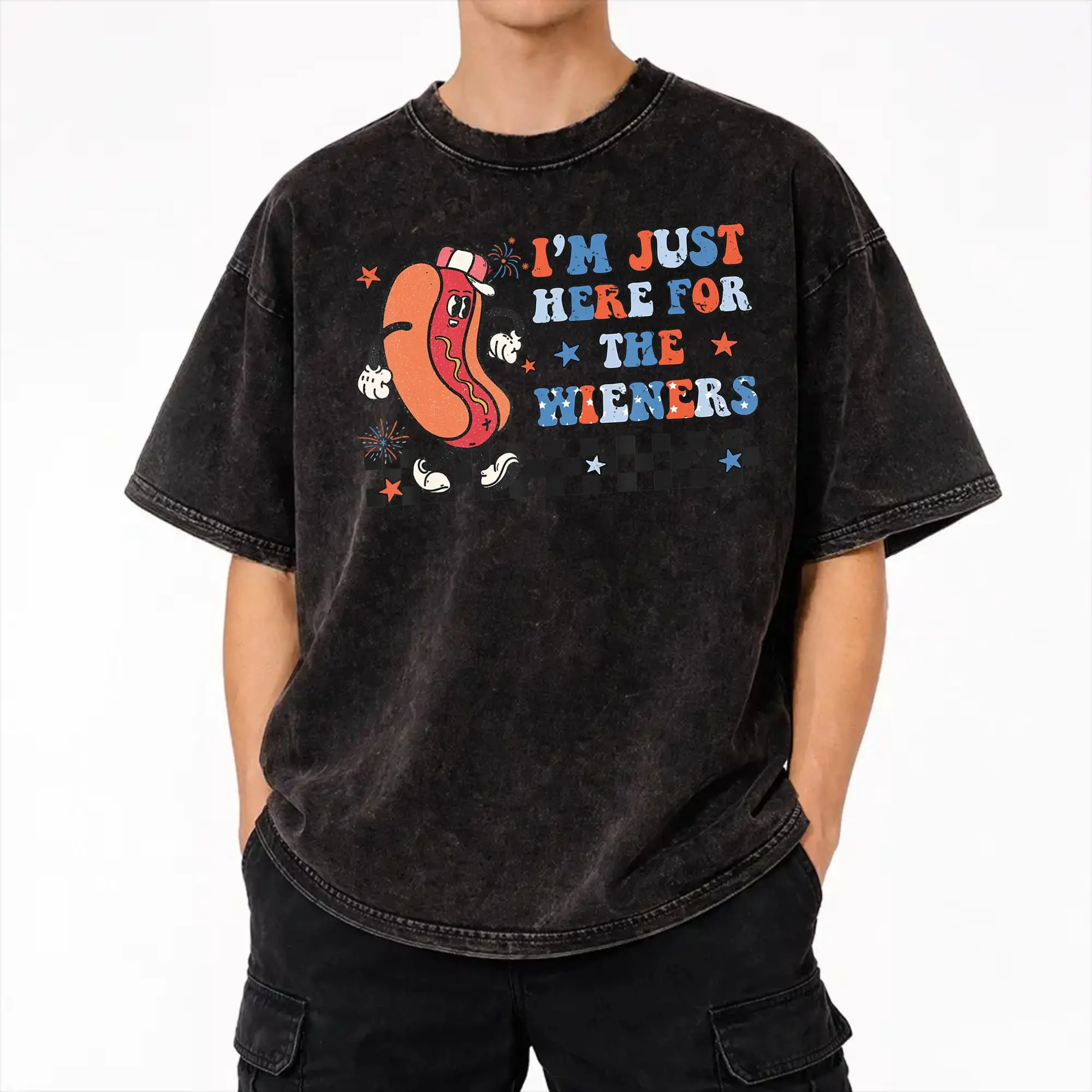 Harajuku Washed Shirt Hot Dog I'm Just Here for The Wieners 4Th of July  Merch Fashion T Shirt Oversize  Streetwear
