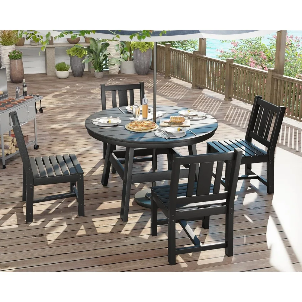 

5 Piece HDPE Outdoor Dining Tables and Chairs, All-Weather Patio Outdoor Furniture with Umbrella Hole, Round Table for Garden,