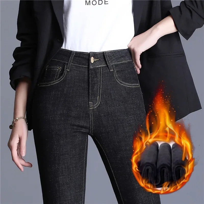 

Winter Fashion Pocket Zipper Black Pencil Pants Casual Office High Waist Fleece Jeans Slim Tight Long Trousers Pantalon 29611