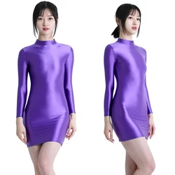 Sexy Women oil Glossy high neck long sleeves one step TIGHT skirt elastic sports Smooth dress buttocks nightdress