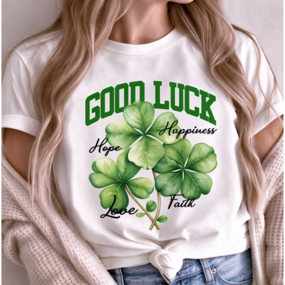 Good Luck Four Leaf Clover T Shirt Women Hope Love Happiness Faith Graphic Tee Day Lucky Casual Short Sleeve