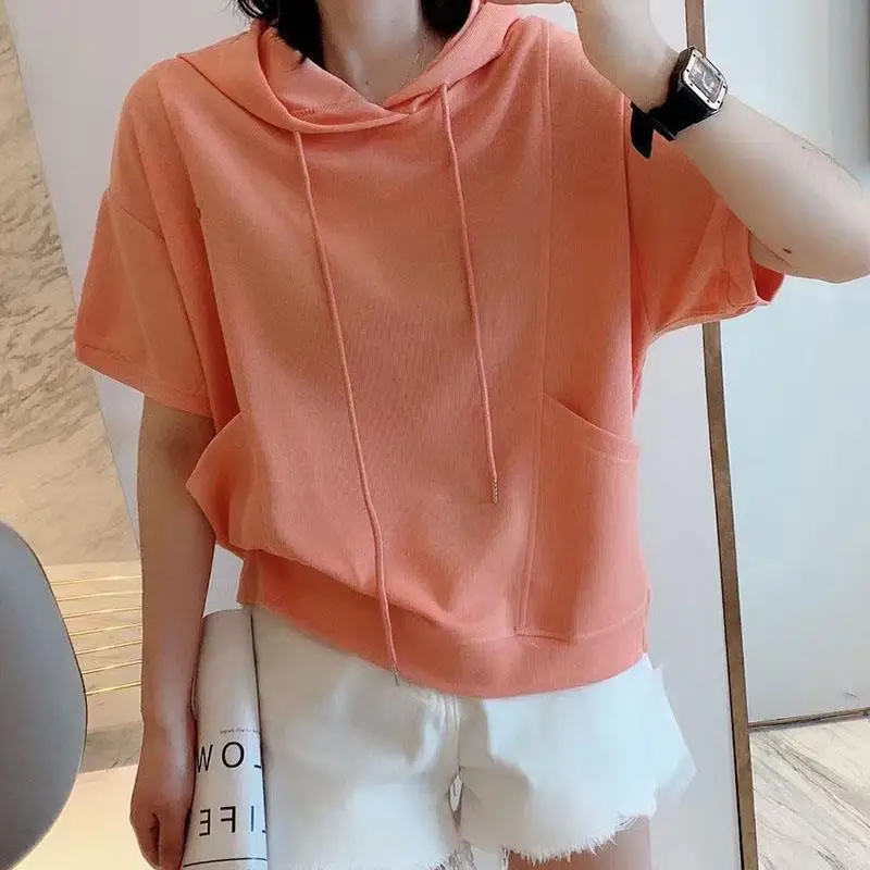 Female T-shirt Hooded Short Sleeve Cotton Summer Tops Tees New Fashion T Shirt Women Casual Tshirt Solid Color   A704