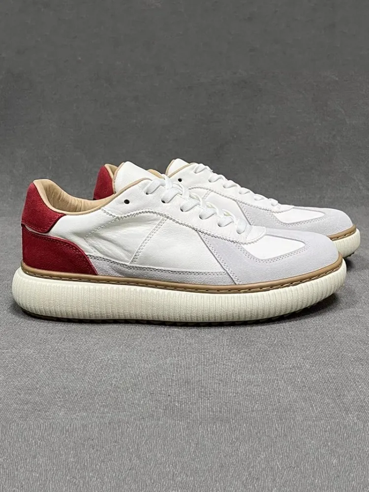 Mens Design New Color Block Real Leather Breathable Sneakers Comfortable Lace Up Platform Running Trainers Jogging Sport Shoes