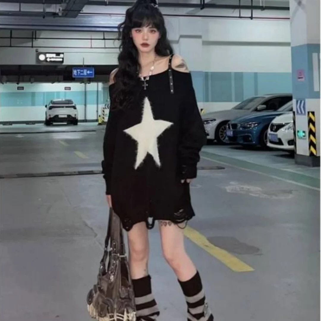 Autumn star pattern one shoulder subculture punk rivet off shoulder thin pullover women's knitted sweater street wear sweater