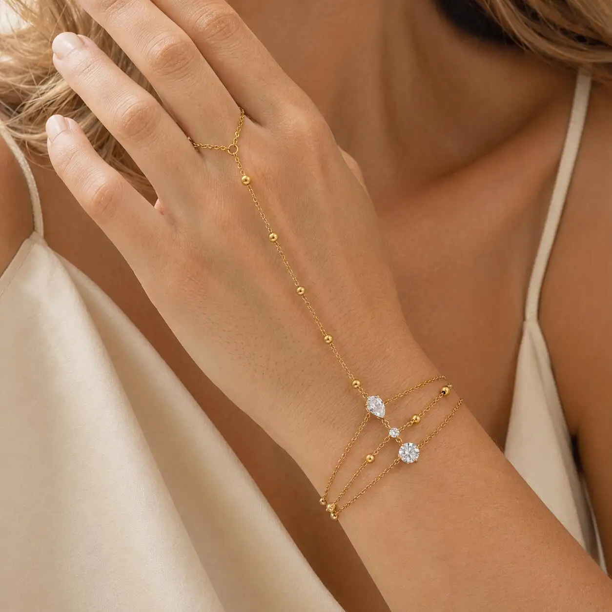 18K Gold Plated Hand Chain Ring Bracelets for Women, Stainless Steel CZ Heart Layered Jewelry Accessories for Women Trendy