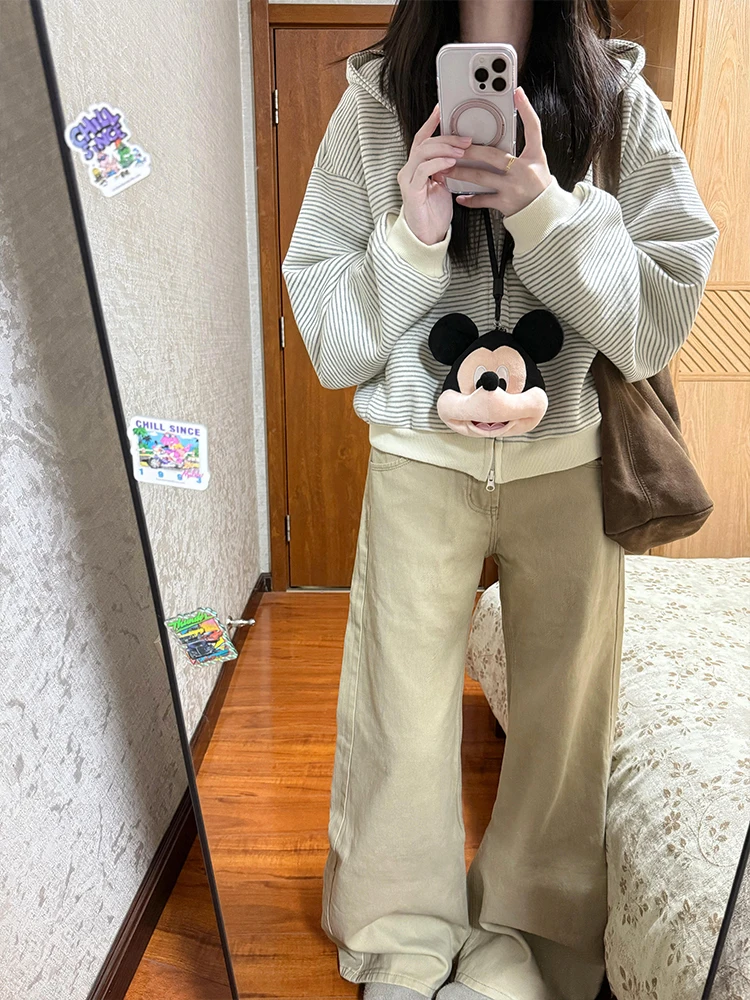 

American Retro Khaki Low Waist Flared Jeans Women's Autumn Spicy Straight Leg Wide Leg Long Pants Loose Fit No Stretch