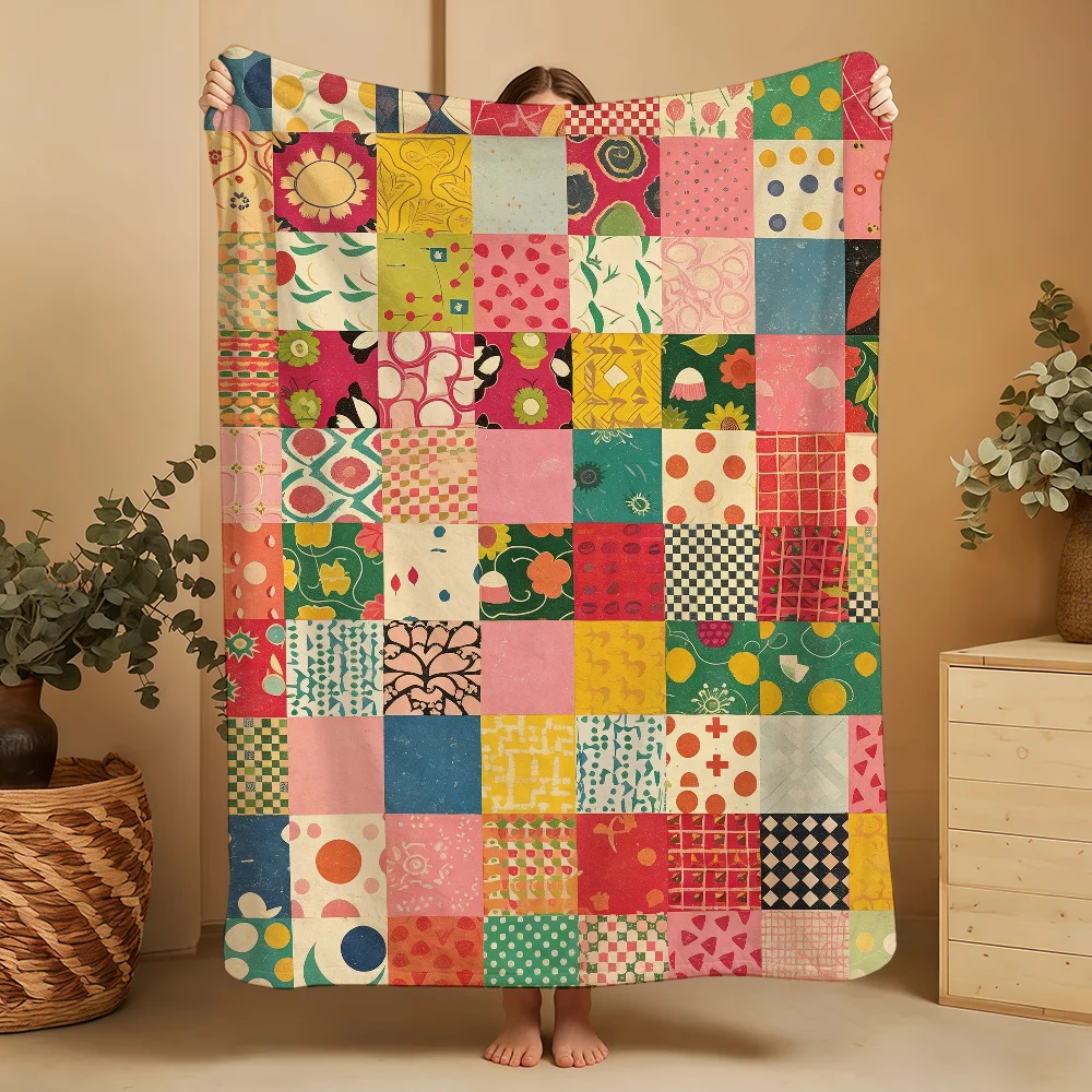 Retro Patchwork-Style Floral Checkered Pattern Blanket Printed Flannel Soft Warm Cozy Season Nap Bed Sofa Travel Gift Adult Kid