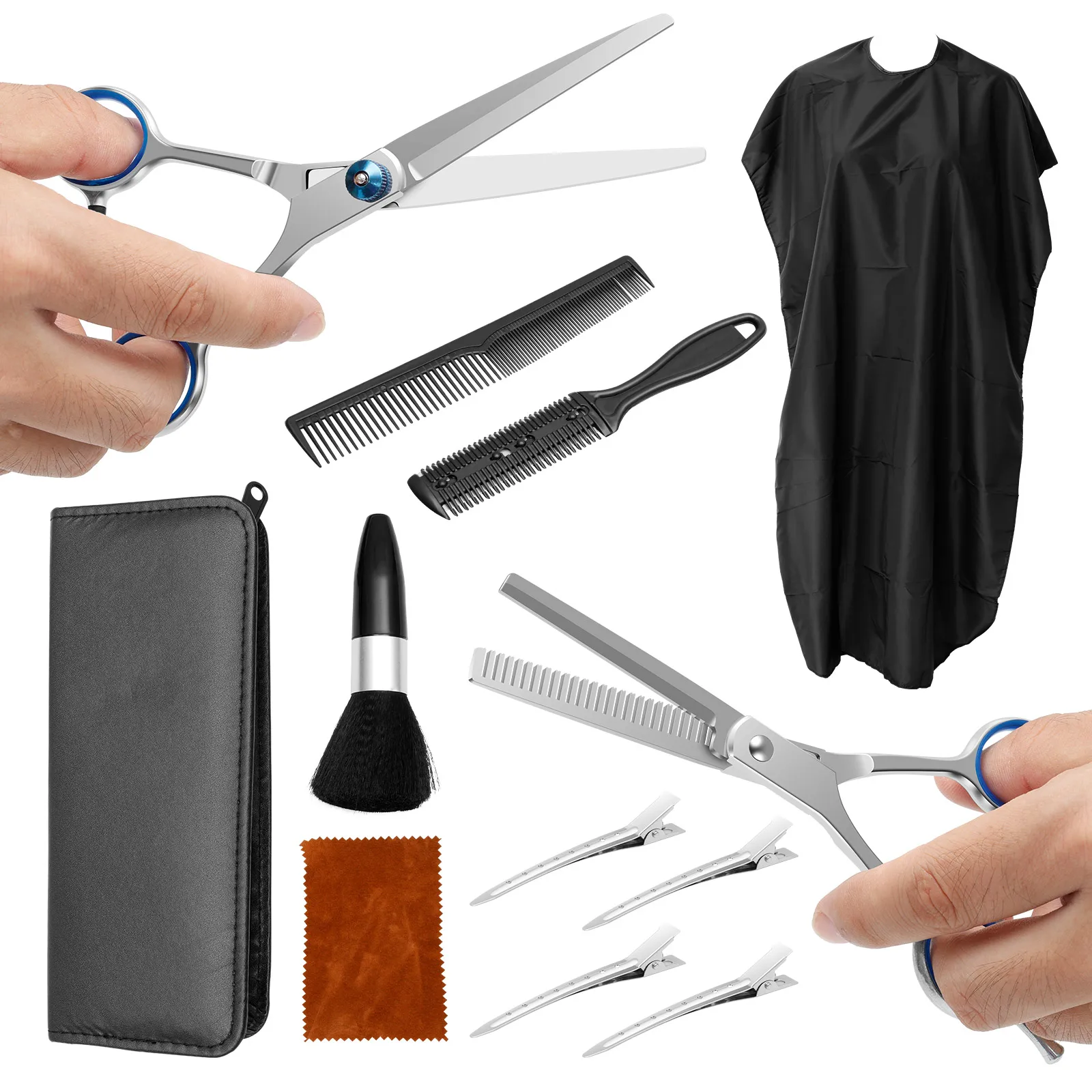 Kit de tijeras de peluquería Juego de tijeras de peluquería profesionales de acero inoxidable con peine y capa de peluquero para barbería en casa