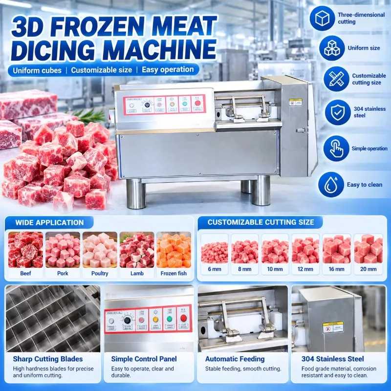 Commercial Industrial 3D Frozen Meat Dicing Machine Adjustable Sizes for Uniform Cube Food Processing Plant