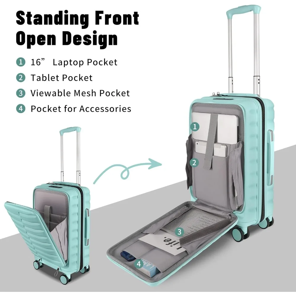 حقيبة أمتعة دوارة قابلة للتوسيع مقاس 20 بوصة ABS + PC، جيب أمامي، حقيبة حمل معتمدة من شركة الطيران #5