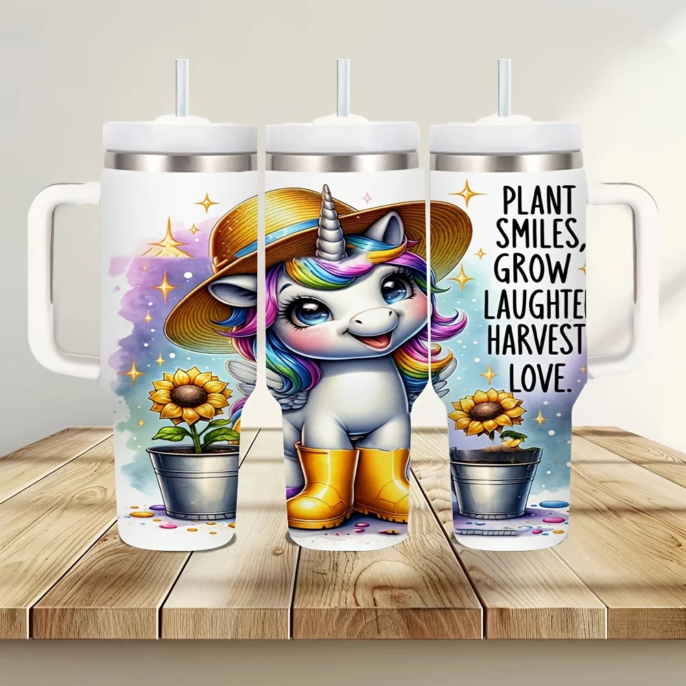40Oz Tumbler with Handle And Straw, Cute Unicorn Sunflower Print with Positive Quote, Suitable for Everyone, Fits Hot And Cold Drinks in Summer And Winter, Perfect for Daily Use And Outdoor Activities