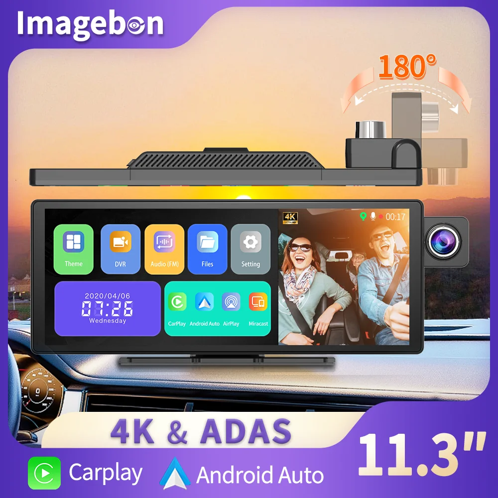 Cámara de salpicadero Imagebon H50 de 11,3 pulgadas, 4K ADAS, inalámbrica, CarPlay y Android, grabación automática de 3 canales, lapso de tiempo, Monitor de estacionamiento de 24 horas, caja negra