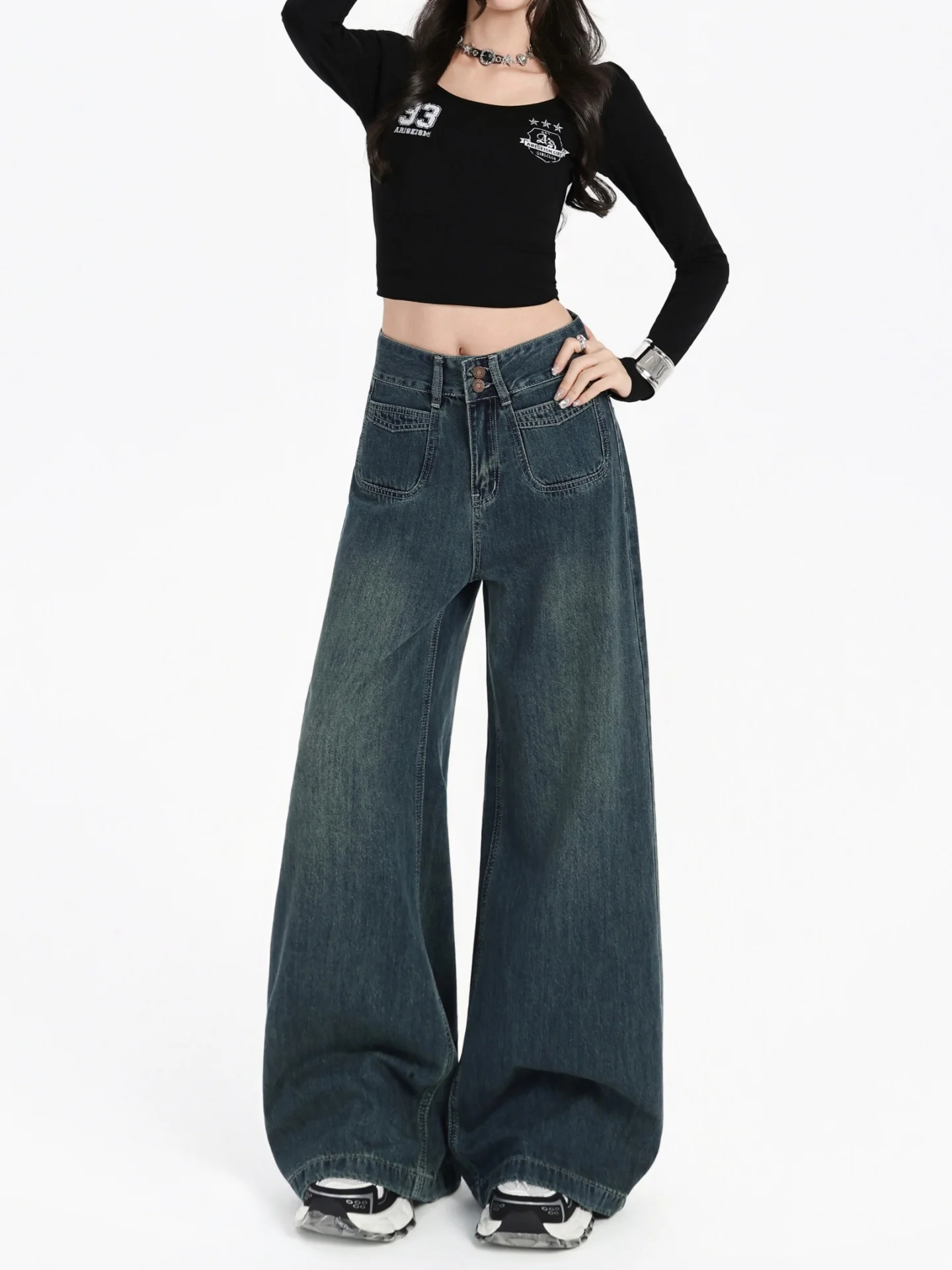 حجم كبير الجينز الأمريكي الرجعية النساء عالية الخصر فضفاضة مستقيم الساق الطابق طول السراويل مريحة تنفس لباس غير رسمي #3