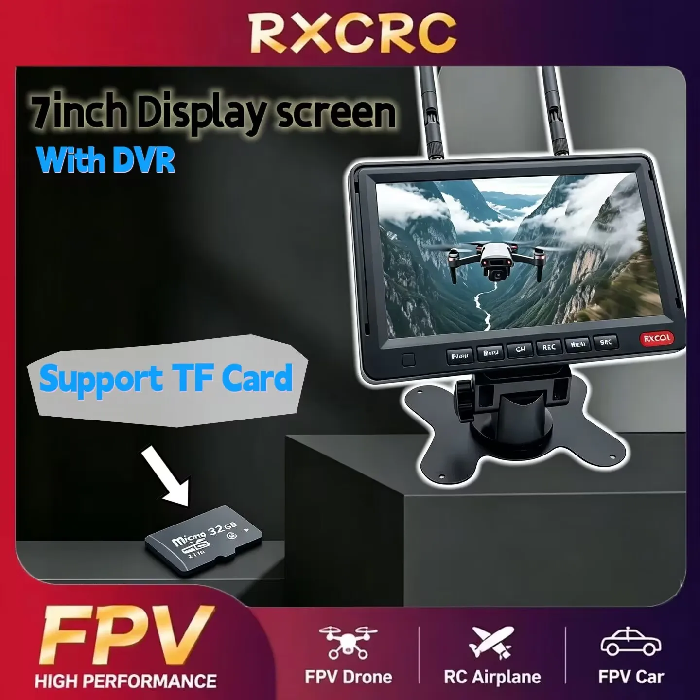RXCRC 5.8G 56CH FPV 7-inch Receiving display screen 1024*600pixels 600cd/m² Memory card 32G TF is suitable for FPV DVR Receivier