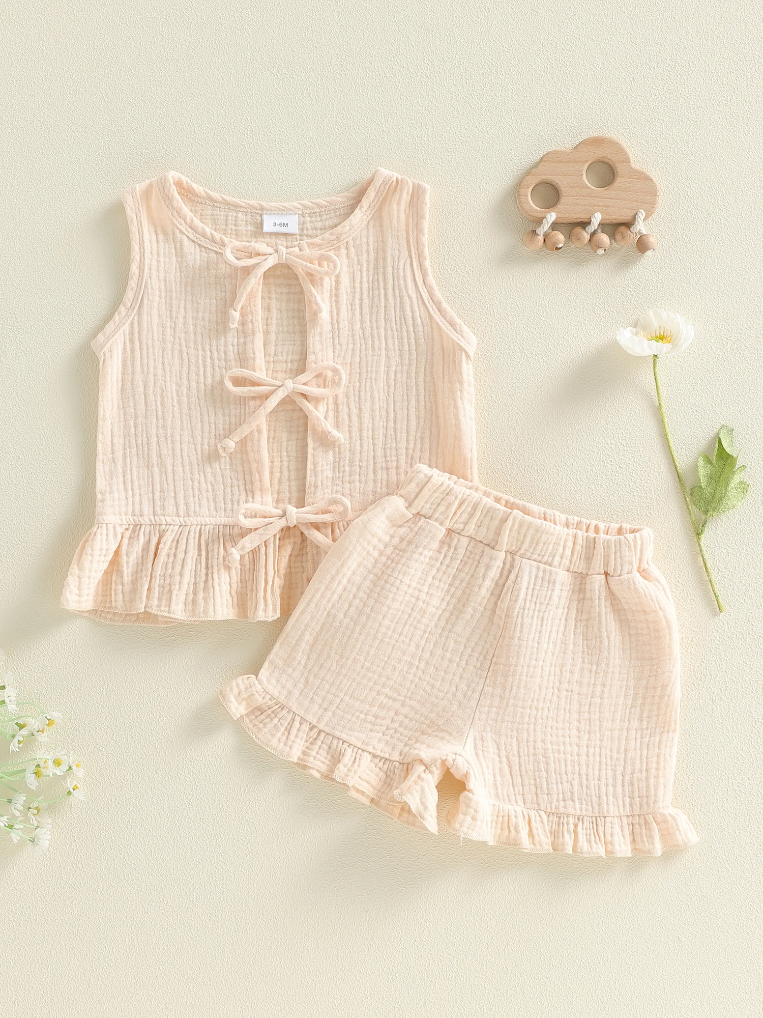 

Комплект из топа и шорт без рукавов с круглым вырезом спереди для девочек, летний комплект из двух предметов для малышей с милым дизайном