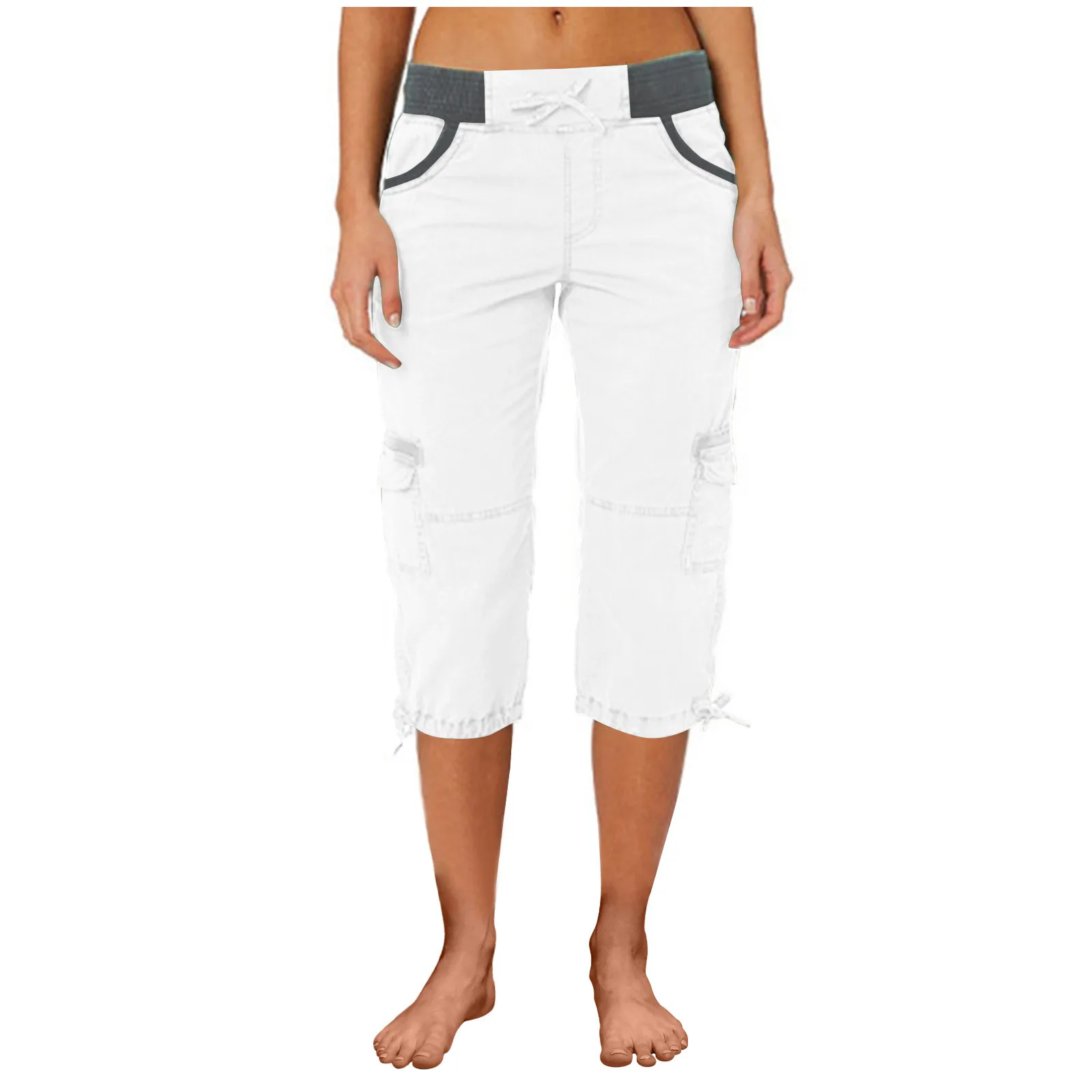 2026 Women's Summer Casual High Waist Drawstring Pocket Workwear Pants Solid Loose Wide Leg Extendable Cuffs 7-inch Pants Female