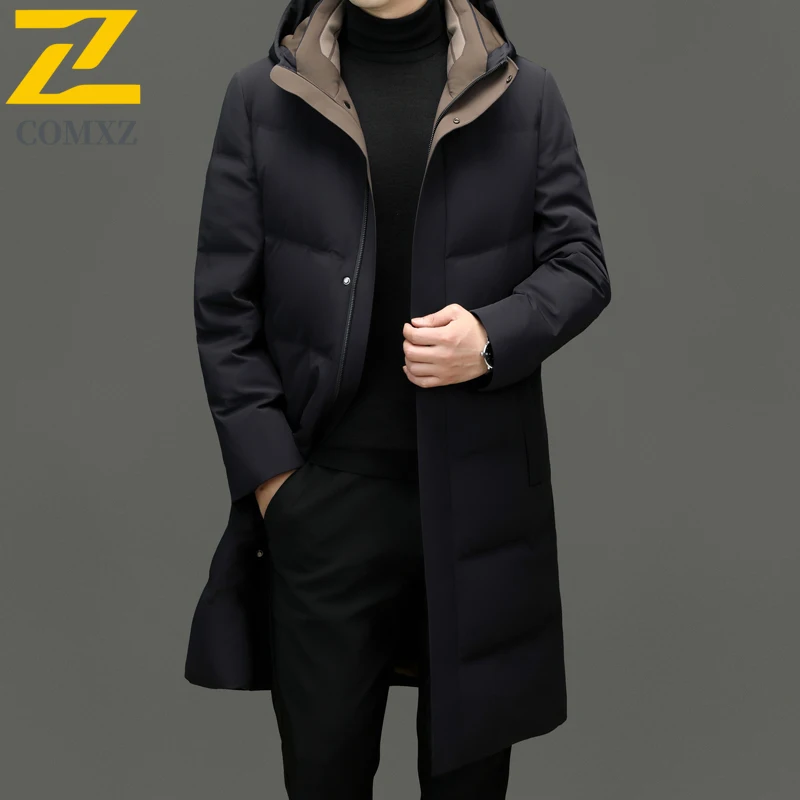 COMXZ Winter Thickened Down Coat 2025 New Men Long Hooded Business Casual White Duck Down Thermal Outerwear Windproof Parka
