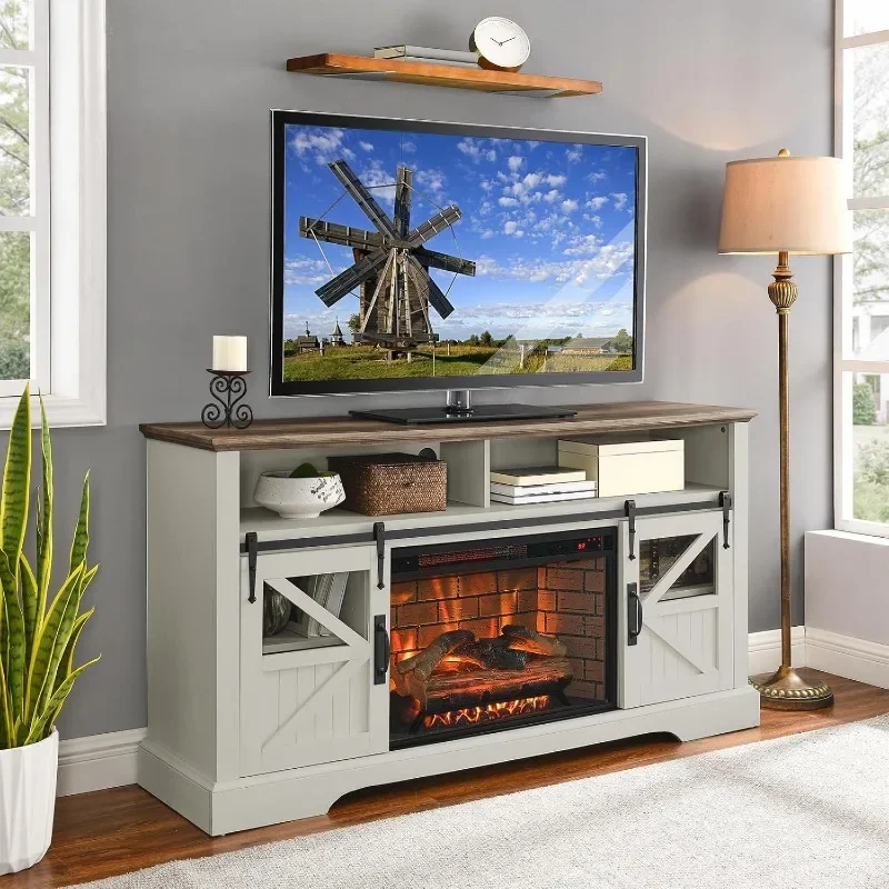 Fireplace TV Stand with 3D Flame Effect and Door Sensor - Entertainment Center with 26 inch Electric Fireplace