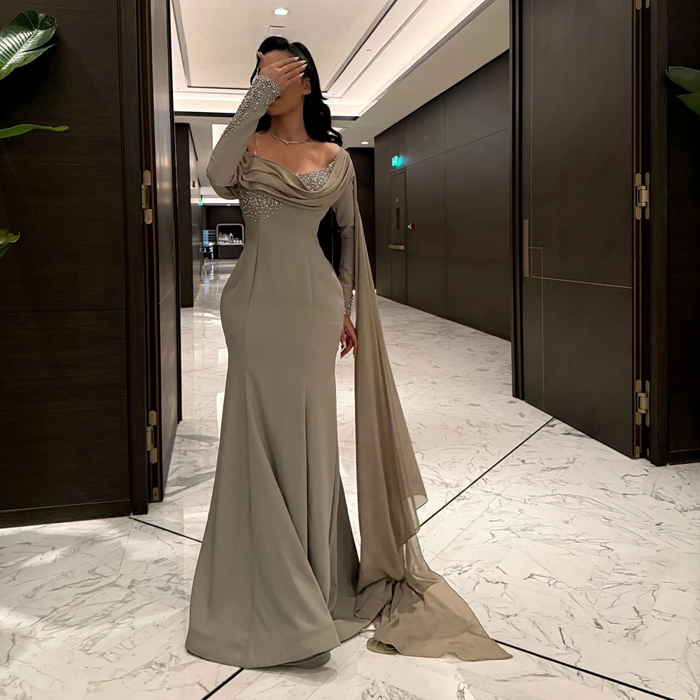 

Customized Grey One-Shoulder Jersey Mermaid Evening Dress Full Sleeves Crystal Backless Draped Floor Length Party Prom Gown