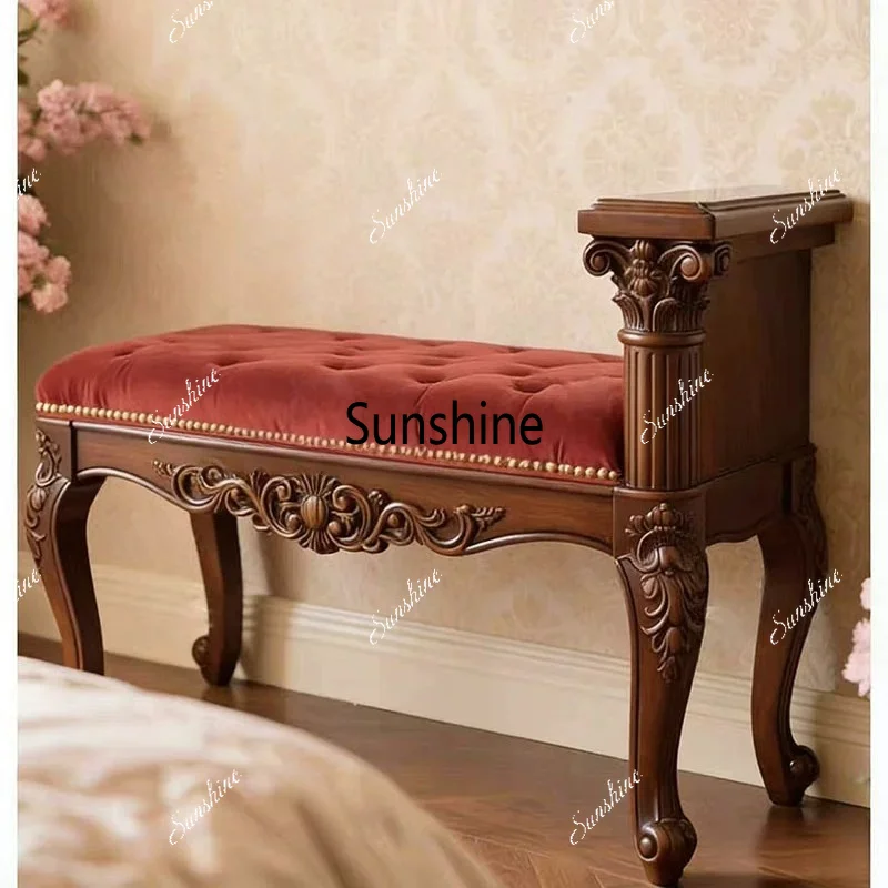 French retro solid wood carving flower bedside stool bedroom shoe changing living room bed side