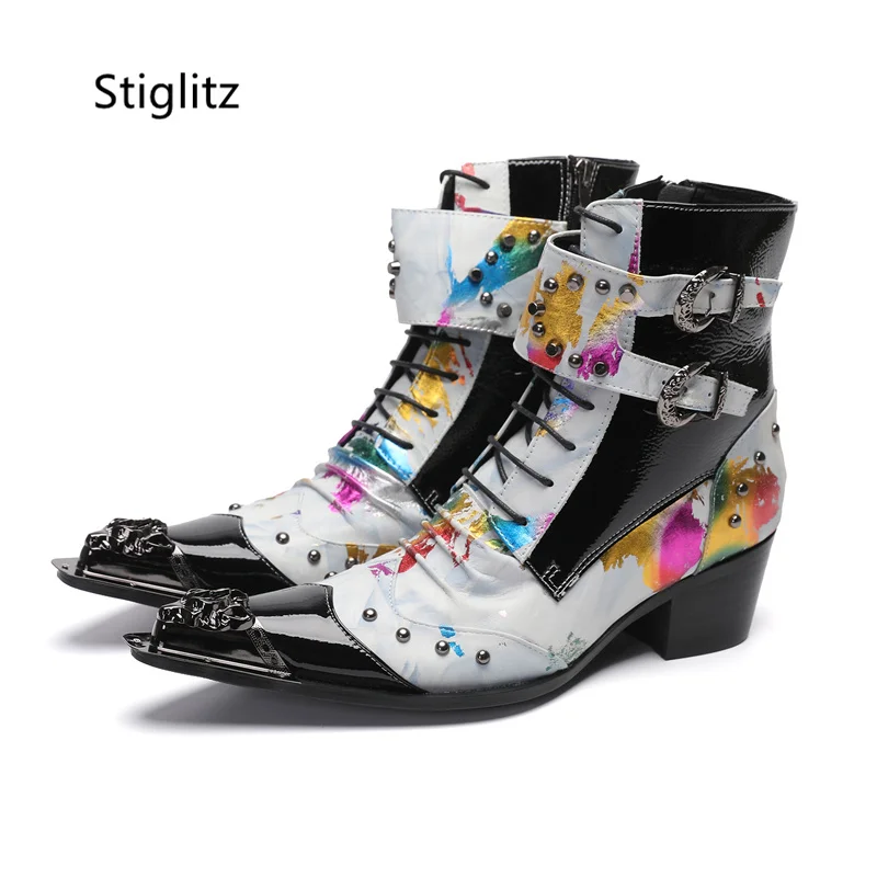 Double Buckle Men's Chelsea Boots Metal Pointed Toe Graffiti Ankle Boots Men Genuine Leather Patchwork Business Shoes with Heels