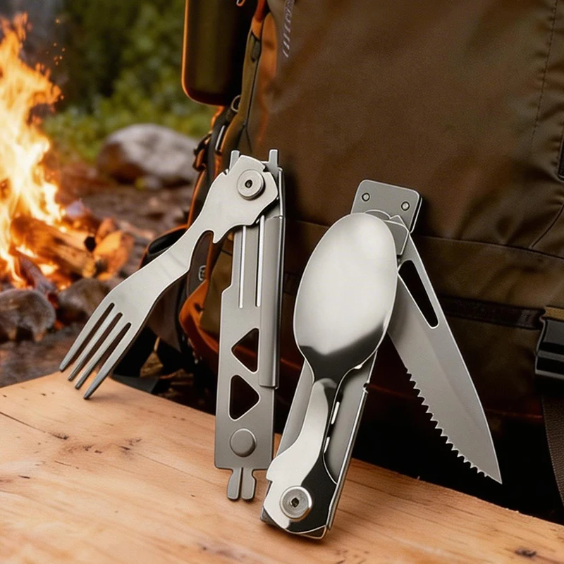 5-in-1 Multifunctional Camping Cutlery, Industrial Stainless Steel Foldable Knife Fork Spoon with Bottle Opener