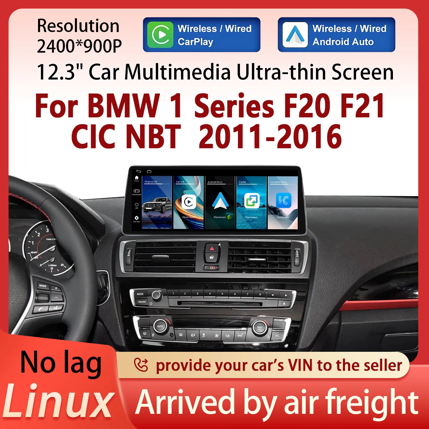 

2400*900P For BMW 1 Series F20 F21 CIC NBT 2011-2016 Wireless CarPlay Android Auto Car Multimedia Video Player Automotivo Screen