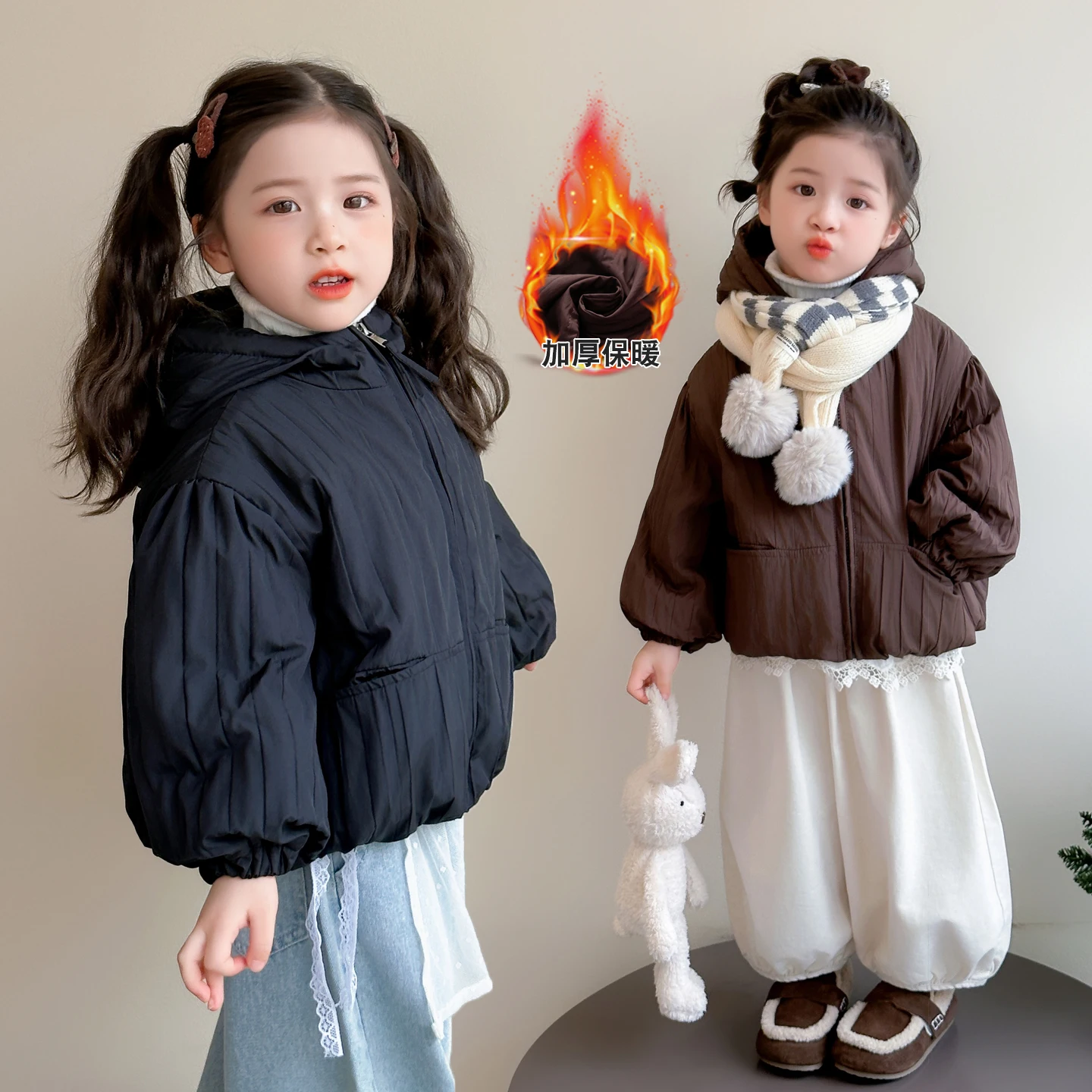 

2-9Y Baby Girls Jacket New Winter Solid Color Hooded Zipper Toddler Kids Thicken Down Outerwear Little Child Casual Cotton Coat