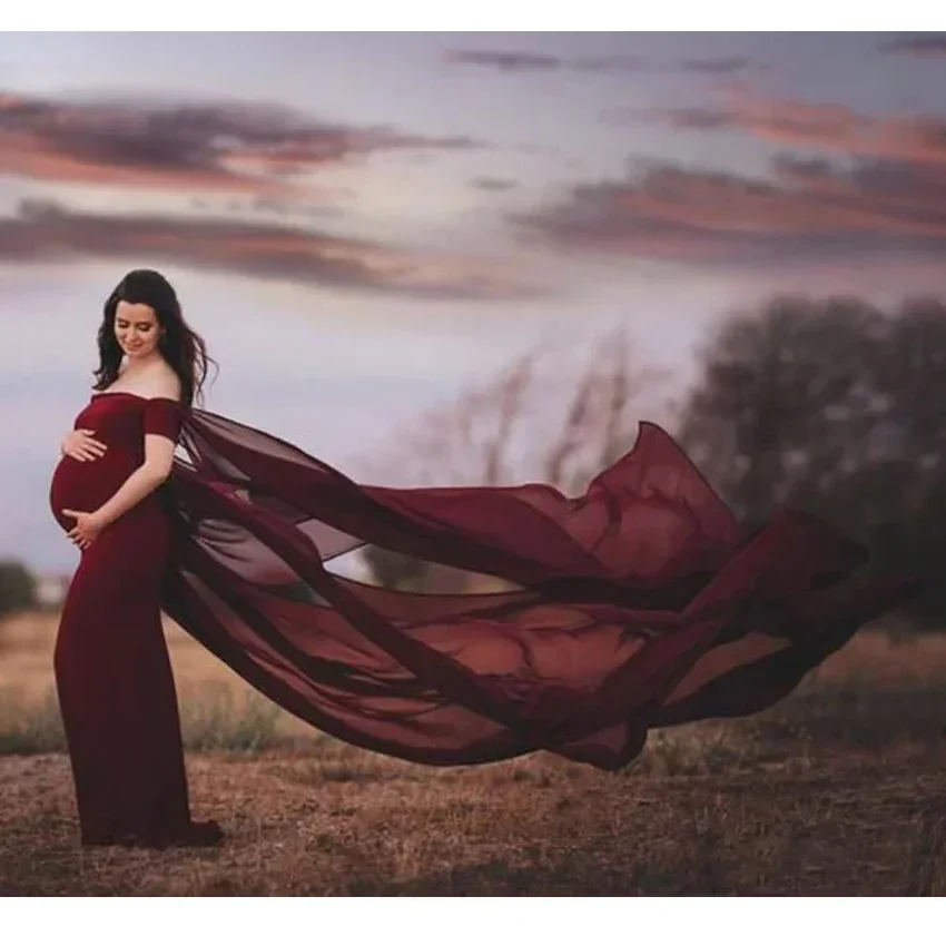 2022 Autumn Pregnancy Dress Photography Props Stitching Chiffon Maternity Gown V-neck Cloak Maternity Dresses Photo Shoot