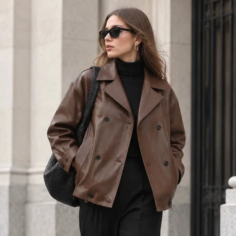 Chic Oversized Faux Leather Jackets Women's Double Breasted Loose Lapel Collar Long Sleeve Coats Lady Casual Commute Outerwear