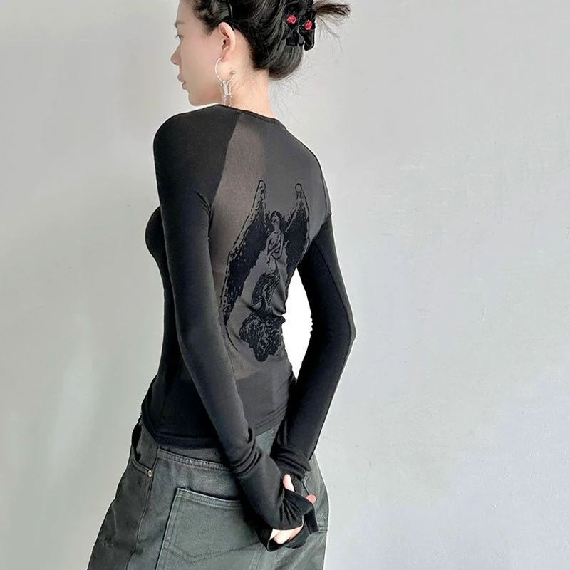 Gidyq Summer Streetwear Women T Shirt American Style Fashion Angel Print Slim Tees Casual Female Sexy Translucent Black Tops New - view 4