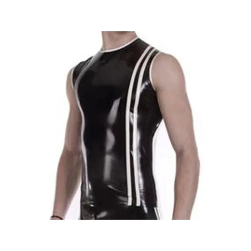 

Handmade Latex Men Sleeveless Shirt Man Sexy Tops Rubber Tank Vest with White Trim Cosplay Costume