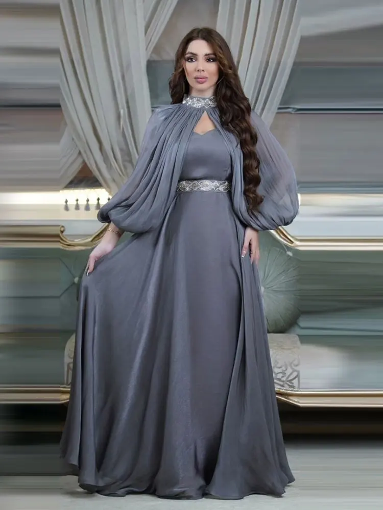 

Party Abaya for Women Silky Satin Beaded Shoulder Cover+Inner Dress Islamic Clothing Muslim Dubai Evening Dress Moroccan Caftan