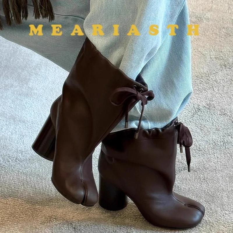

Women Luxury Design Split Toe Tabi Boots Autumn Winter Street Style Chunky thick high Heel Ankle Boots real Leather Shoes